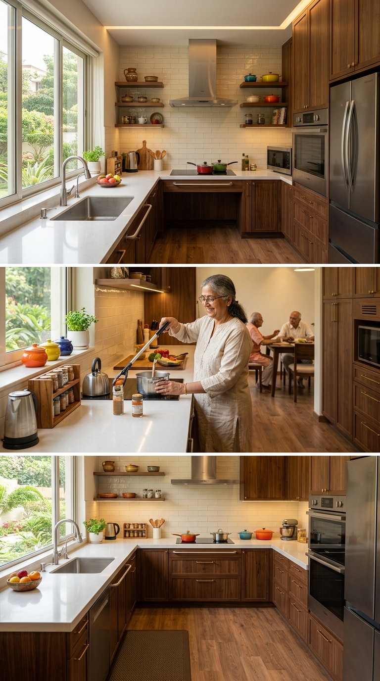 Senior-friendly kitchen space at SixtyPlusZone in Gurugram