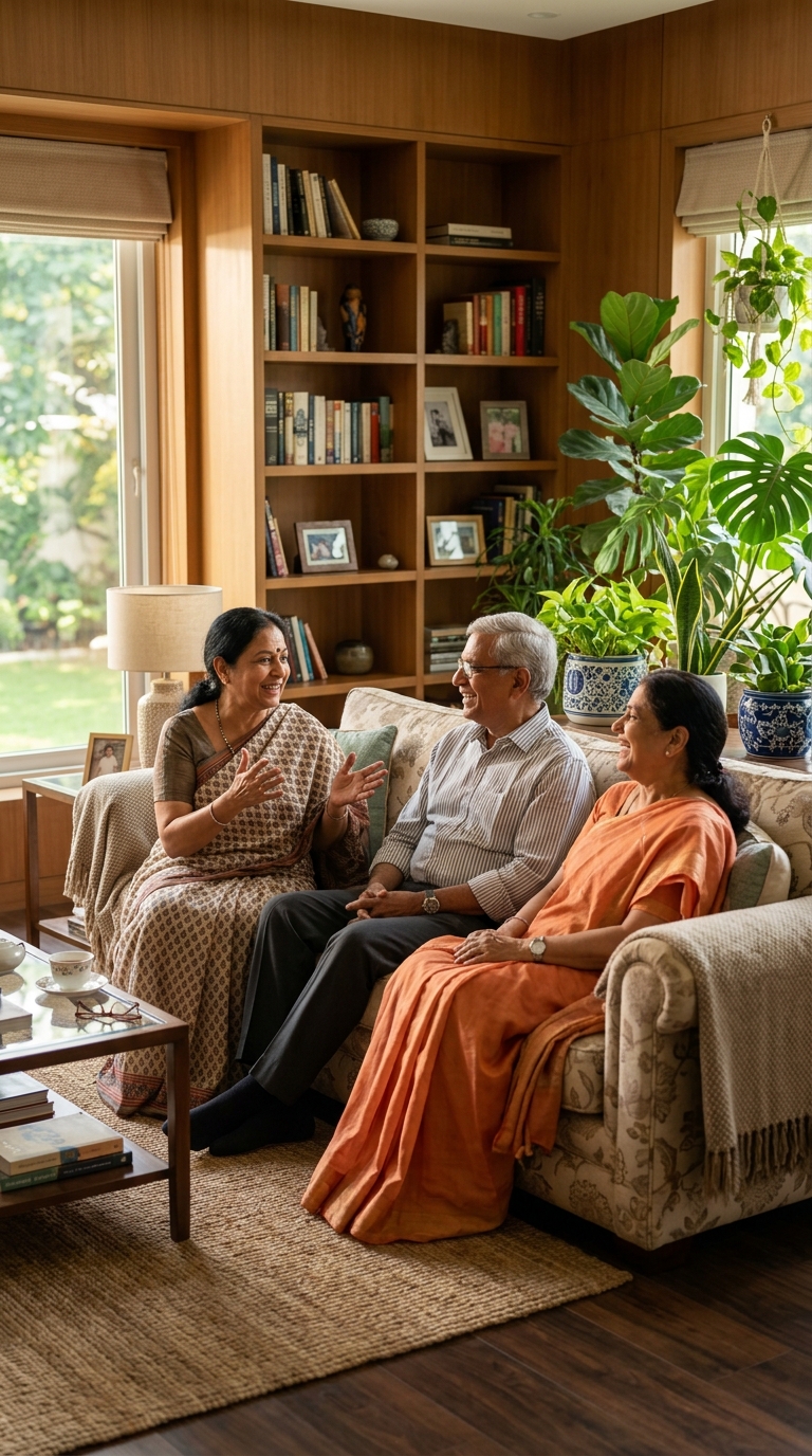 Seniors conversing comfortably in the resident lounge
